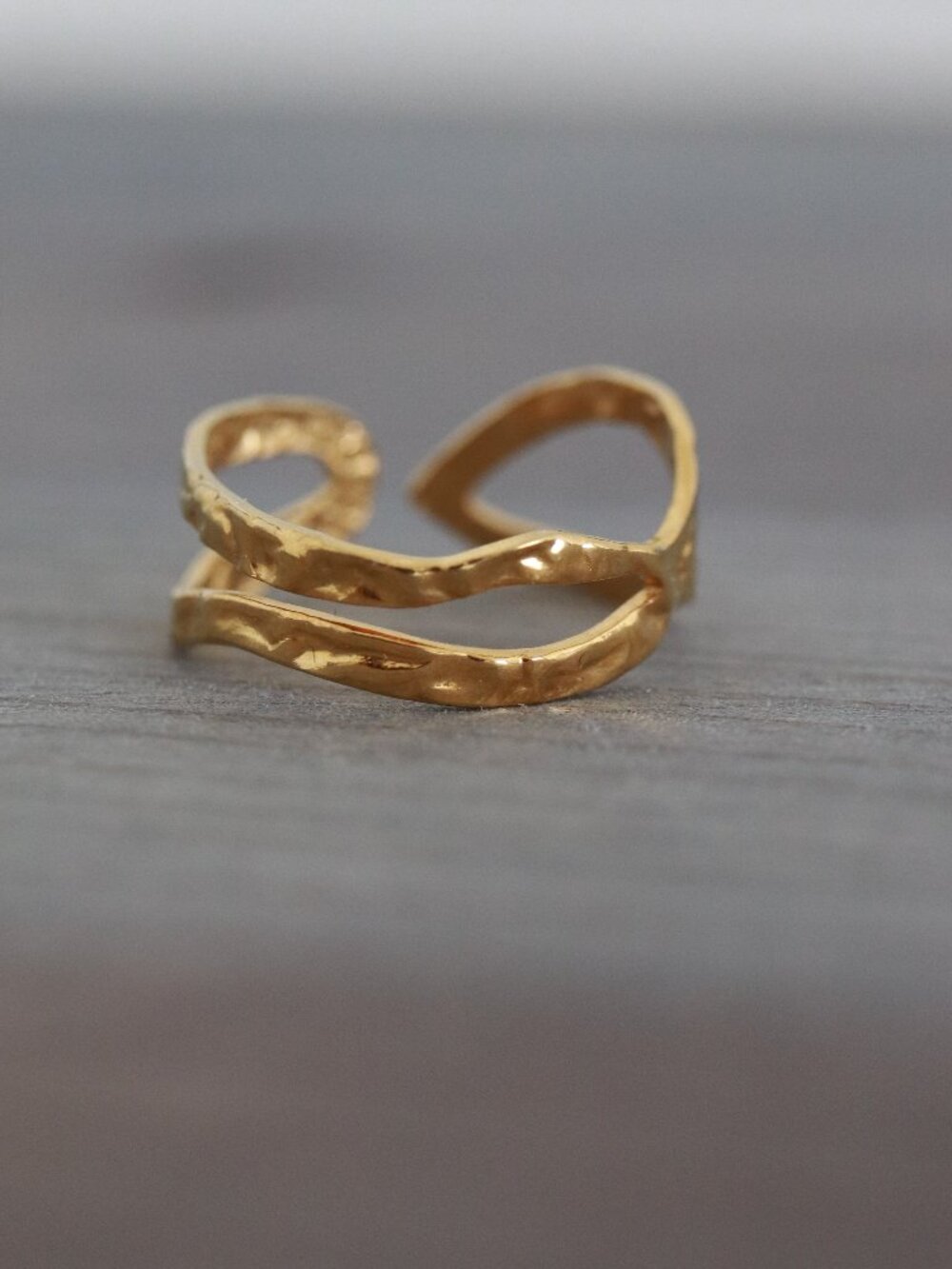 Interlocking Hammered Irregular Style Cuff Ring 18k Gold Plated Stainless Steel
